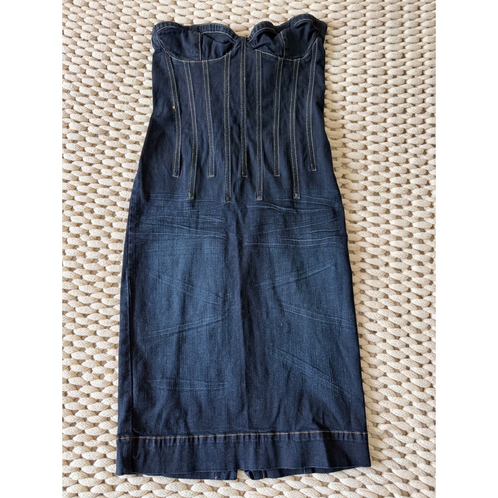 Baby Phat Denim Corset Dress Dark Wash Lace Up Back Y2K Midi Strapless Size 7